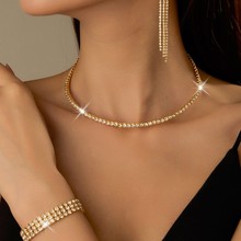 新跨境欧美时尚项链耳环戒指手镯四件套 满钻三排项圈新娘套装女