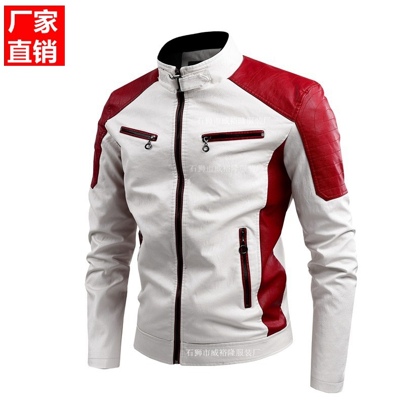 2026 primavera y otoño locomotora casual chaqueta de cuero empalmado chaqueta de cuero de moda masculina de collar retró cálida chaqueta de cuero