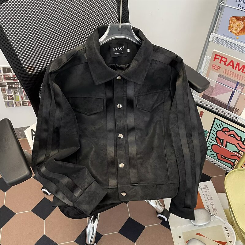 National Trendy Ins High Street Fashion Brand Crocodile Pattern Padded Shoulder Leather Jacket for Men and Women, Versatile Casual Outerwear for Spring and Autumn