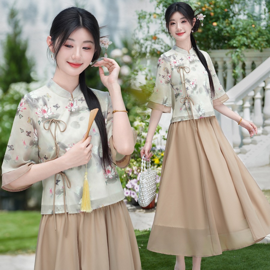 Chinese-style three-quarter sleeve women's shirt, new lace-up vintage skirt, artistic women's clothing, improved Hanfu suit