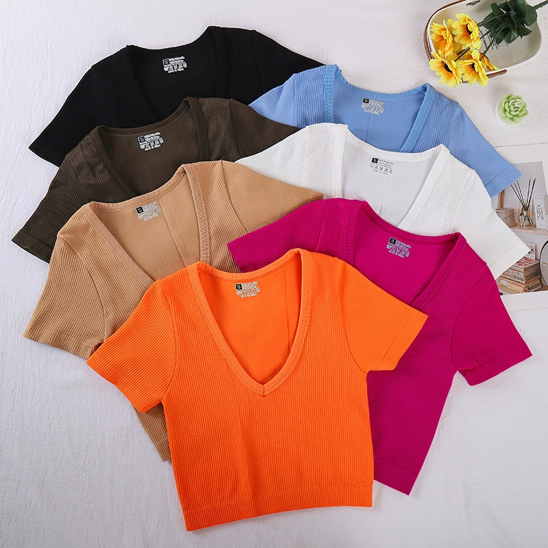 Новая футболка с v-образным вырезом, спортивная футболка с короткими рукавами для йоги Amazon, обтягивающие весенние и летние топы с короткими рукавами