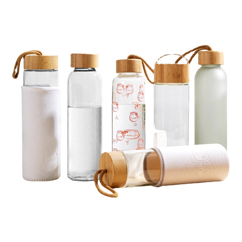 TikTok taza de agua creativa borosilicato taza de palo taza de bambú cubierta de vidrio Deportes botella de agua de una sola capa de vidrio portátil