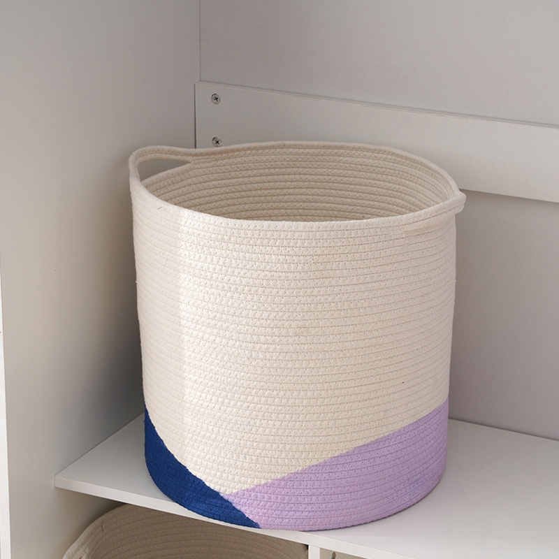 棉绳收纳筐编织收纳篮 大号棉绳储物筐圆筒形 拼色手提脏衣篓