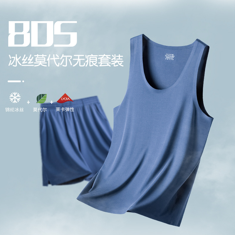 80 de Seda Hielo modal primavera y verano los hombres pijamas traje chaleco pantalones cortos delgada que basa puede ser usado fuera en stock