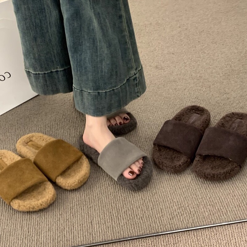 BEILIXUAN 牛皮百搭厚底毛毛拖鞋女外穿秋冬仙女风休闲羊羔毛一字|undefined