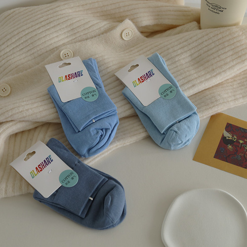 Socks Lady Knee-high Socks Spring and Summer High Cotton Content Mid-calf Socks Cute Japanese Macaron Plain Color Low-top Socks