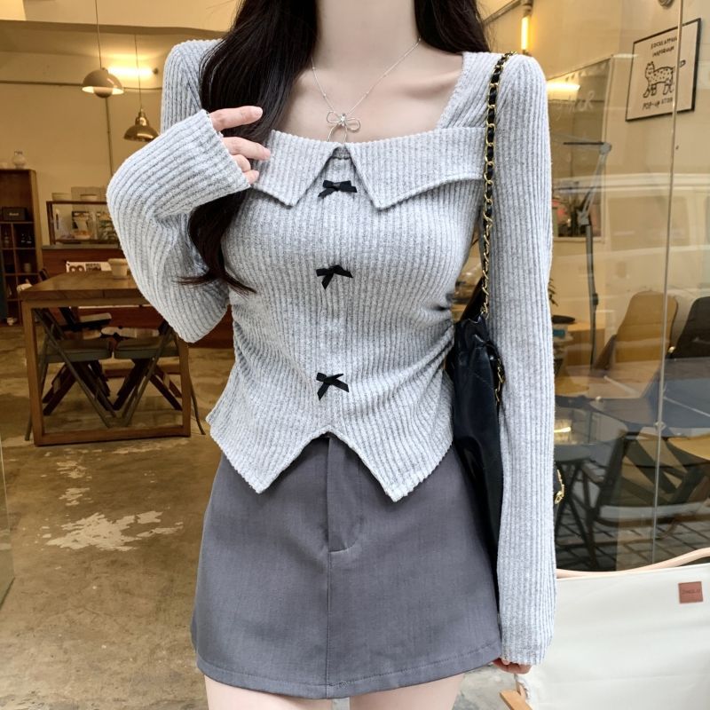 2025蝴蝶结女装新款方领甜辣妹短款长袖T恤收褶修身显瘦网红上衣
