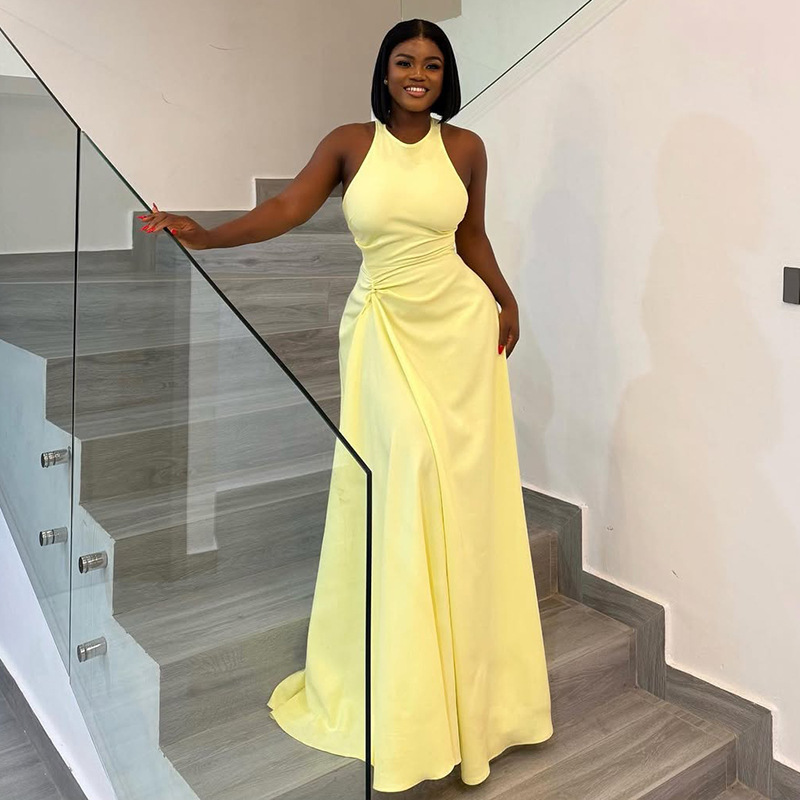 European and American Style Cross-Border New Solid Color Women's Dress with Waist-Cinching Pleated Design, Bodycon Skirt, Round Neck, Fashionable Sleeveless Long Dress