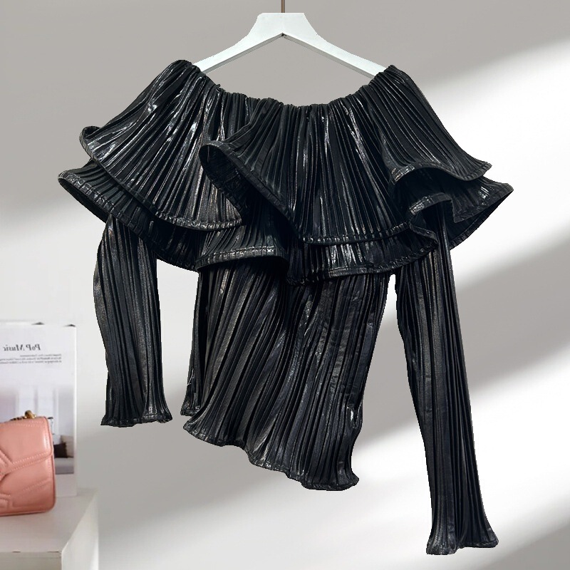 Goddess-Style Niche Chic Shirt with a Light Luxury Design, Asymmetrical Neckline, Off-Shoulder, Ruffled, Slim-Fit Metallic Long-Sleeve Top
