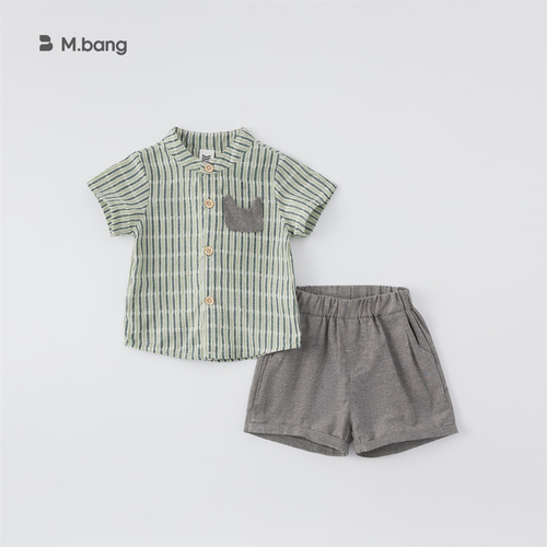 INSbobo夏季韩版男童条纹短袖衬衫短裤儿童套装2024新款XXT-3009