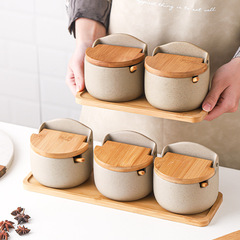 Japanese-style ceramic bamboo wood lid spice jar seasoning box kitchen spice storage jar restaurant home salt sugar jar set
