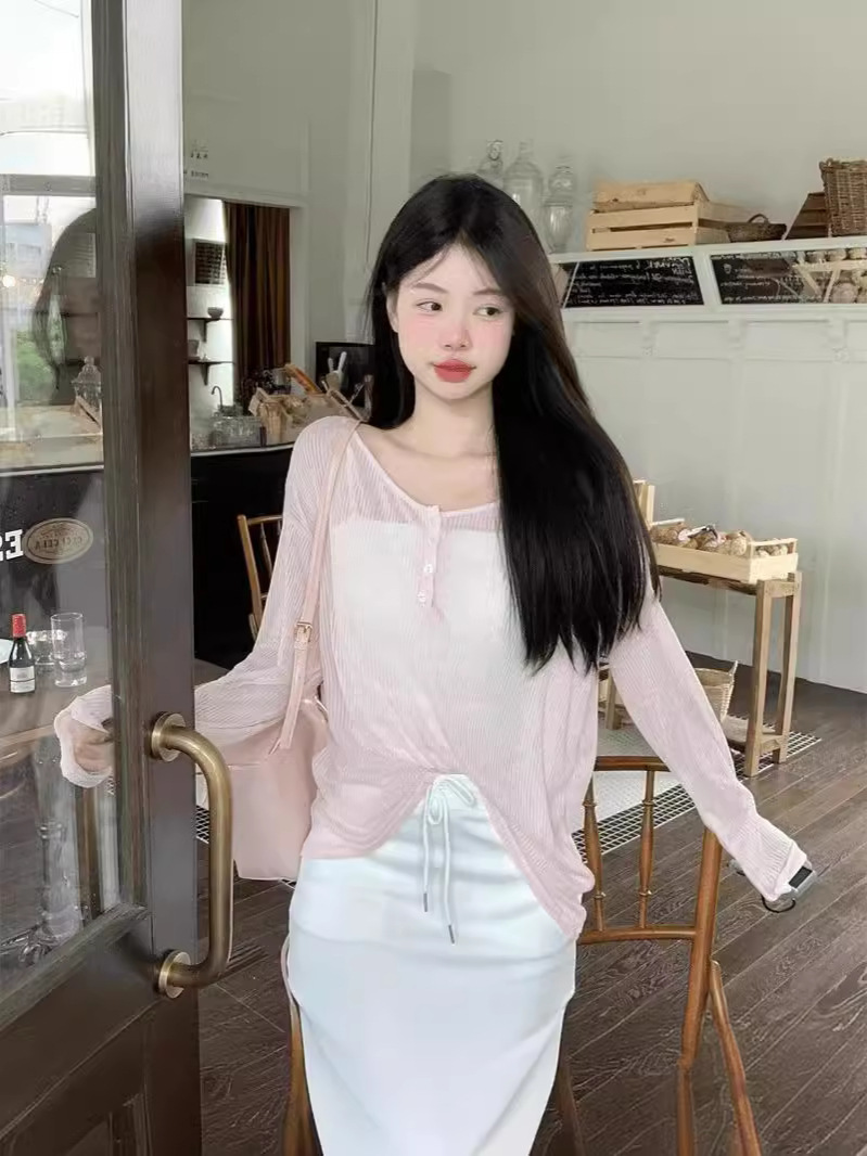 Le Ding ~ Lazy Wind Loose Slim Outer Top 순수 백리스 핑크 선 스크린 블라우스 여성용 레이스 업 블라우스