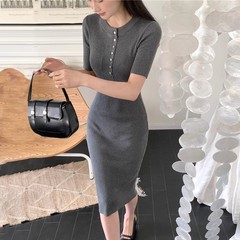 轻奢名媛风夏季女装圆领修身针织连衣裙弹力包臀过膝内搭T恤裙春