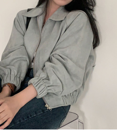 Korean chic autumn French retro lapel zipper faux fur texture loose versatile long sleeve short coat jacket