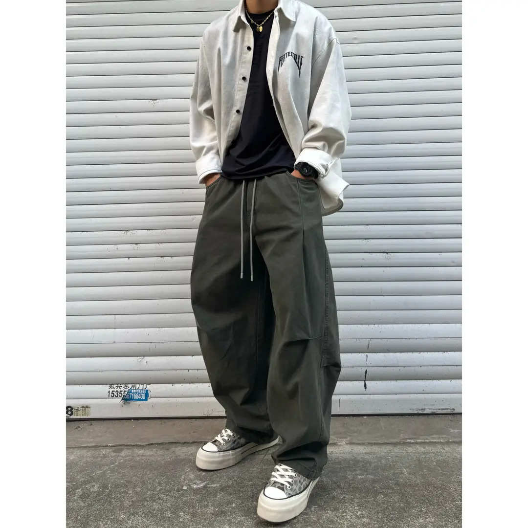 Military Green Deconstructed Patchwork Cargo Pants for Men, Autumn Trendy Brand Pleated Scimitar Pants, American Casual Straight Wide-Leg Pants