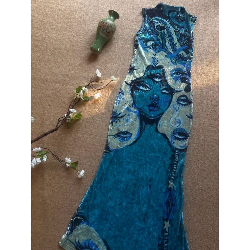 Y2K Millennial Hot Girl New Chinese Style Retro Oil Painting Face Print Modified Cheongsam Slim Fit Bodycon Fishtail Dress