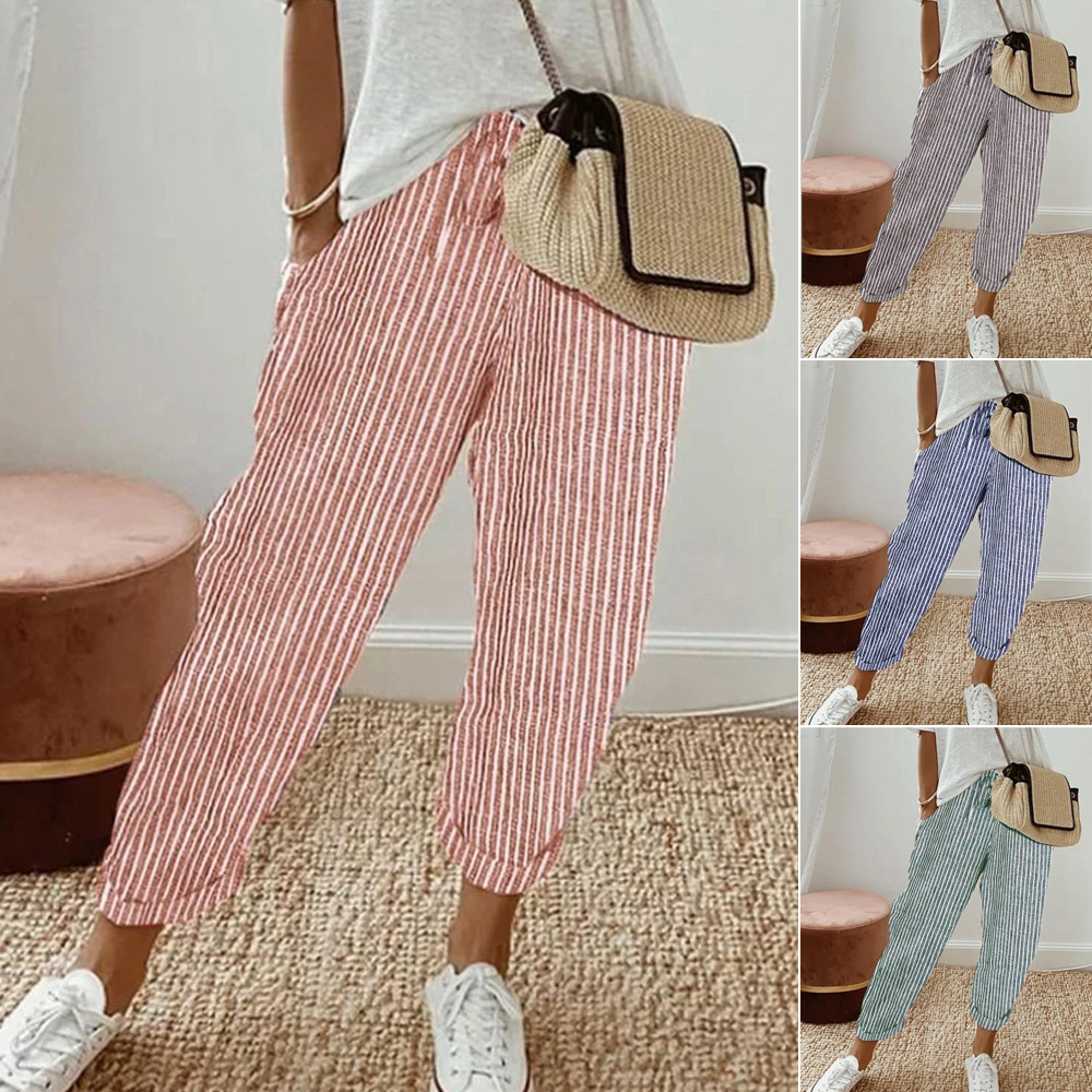 European and American Foreign Trade New Style Amazon Independent Site Women's Loose Striped Casual Pants 2026 Spring/Summer Elastic Waist Long Pants