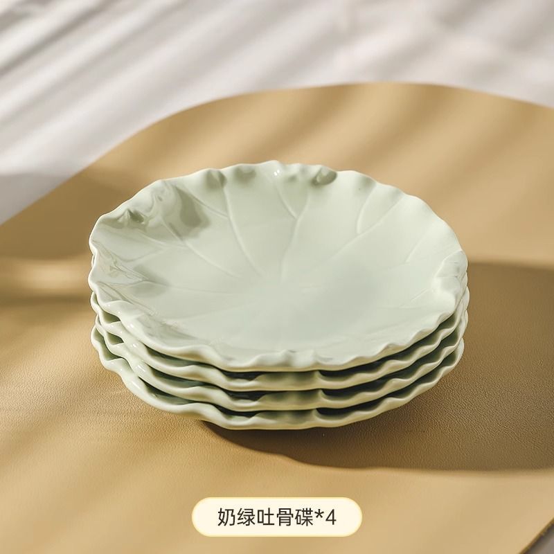 荷叶陶瓷吐骨碟轻奢小吃盘甜品盘干果盘高颜值小碟子带收纳架套装|undefined