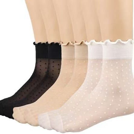 New Cross-Border Style Ruffled Polka Dot Socks, Mid-Calf Socks, Summer Thin Ice Silk Glass Silk Lace Socks to Match Leather Shoes