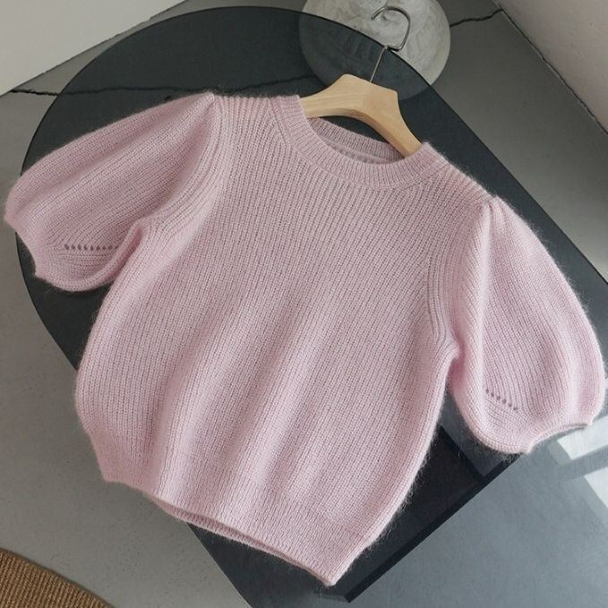 Candy Color Elegant Sweet Puff Sleeve Short Sleeve 2023 Mohair Knitwear Women's Round Neck Pullover Short Lazy Style Candy Color Elegant Sweet Puff Sleeve Short Sleeve 2023 Mohair Knitwear Women's Round Neck Pullover Short Lazy Style