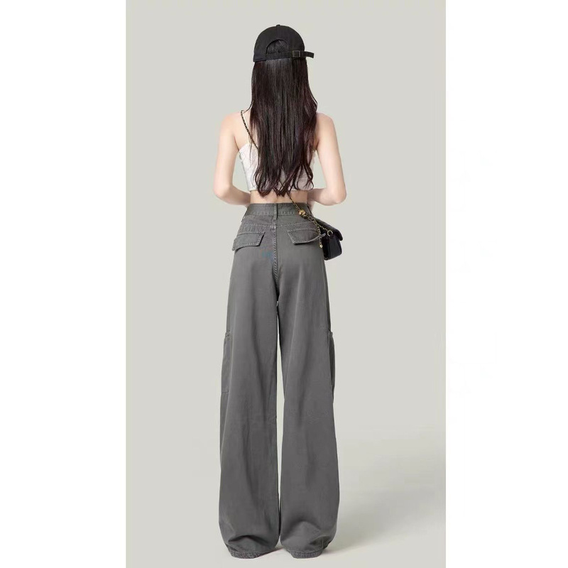 【广州新塘牛仔】美式灰色工装牛仔裤女宽松显瘦直筒高腰阔腿拖地|undefined