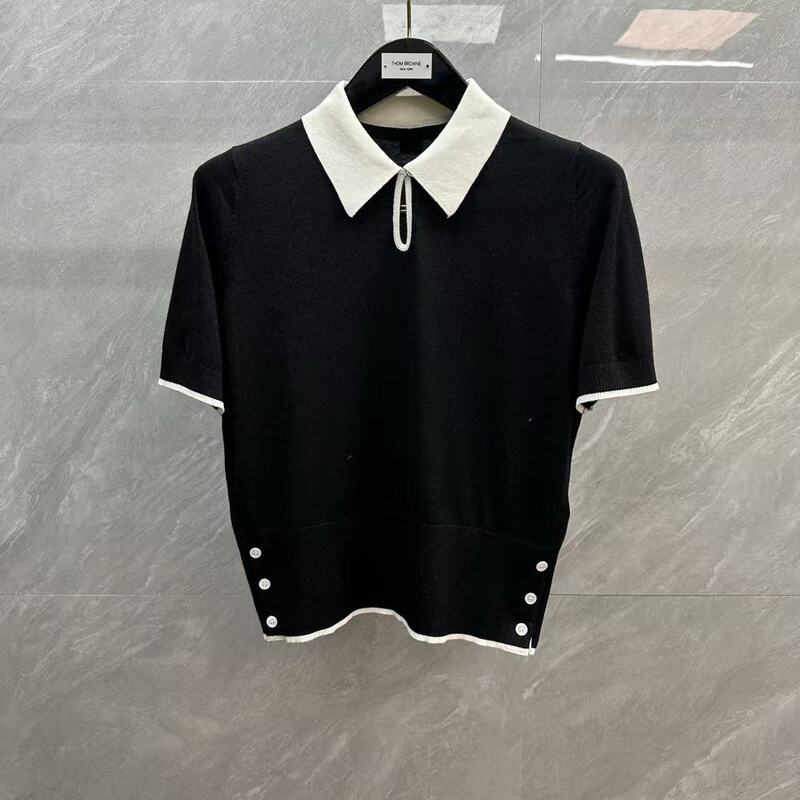 Factory Direct Sale Tb Women's Color-Blocked Turn-Down Collar Single-Button Knit Merino Wool Casual Versatile Short-Sleeve Knit Sweater Factory Direct Sale Tb Women's Color-Blocked Turn-Down Collar Single-Button Knit Merino Wool Casual Versatile Short-Sleeve Knit Sweater