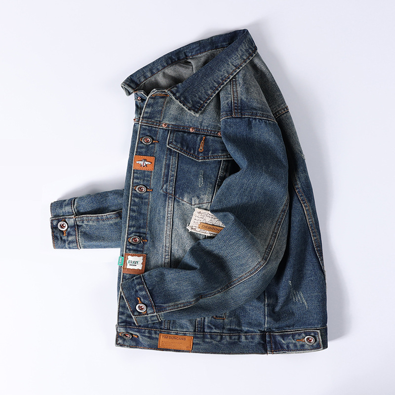 Men's Denim Jacket Embroidered Loose Fit Washed Cotton Outerwear_voghion.com