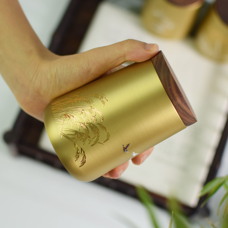 黃銅迷你茶葉罐黑胡桃木蓋創意小號便攜存茶罐日式茶葉密封罐茶倉