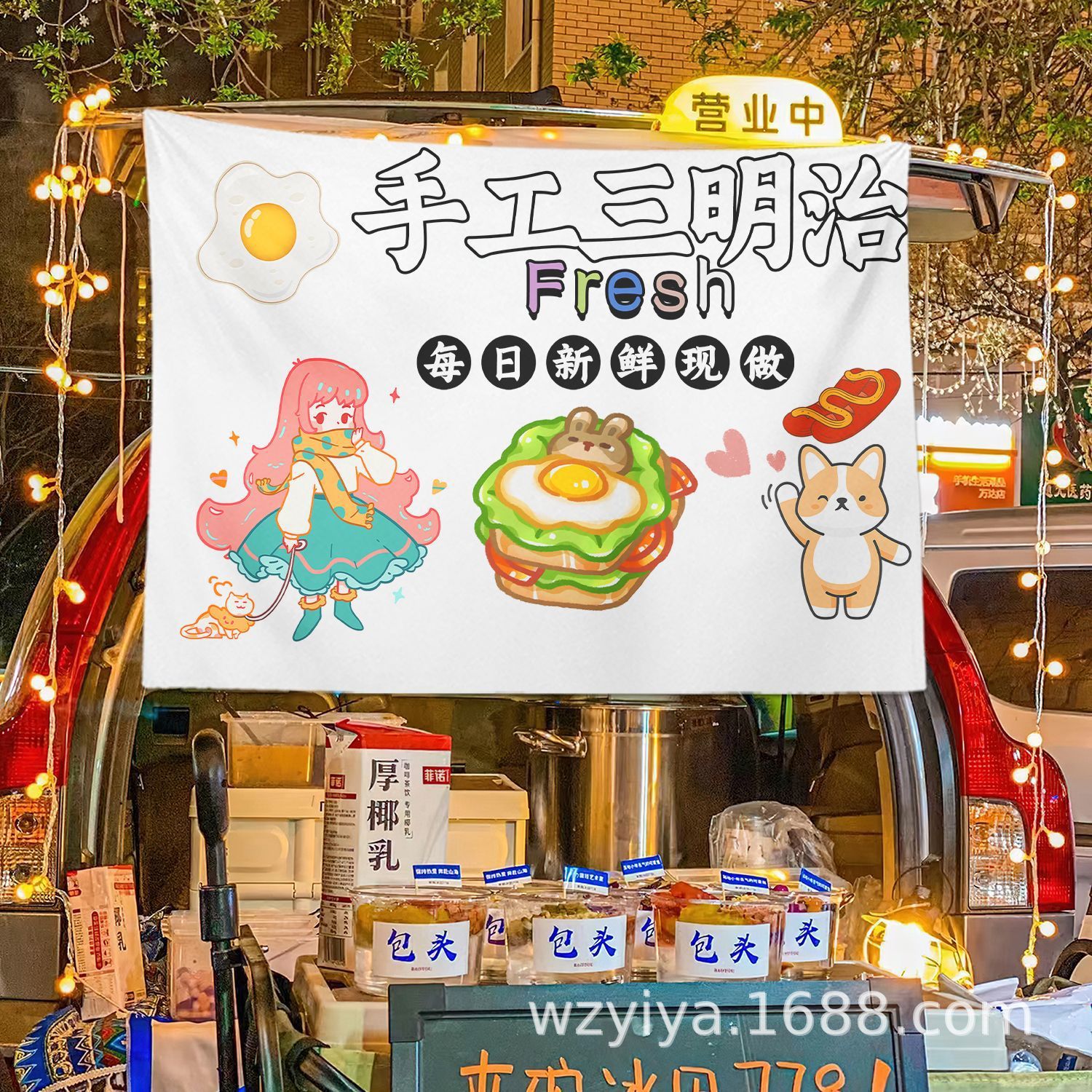 Sándwich puestos de tela gourmet mercado nocturno puestos de tela colgante