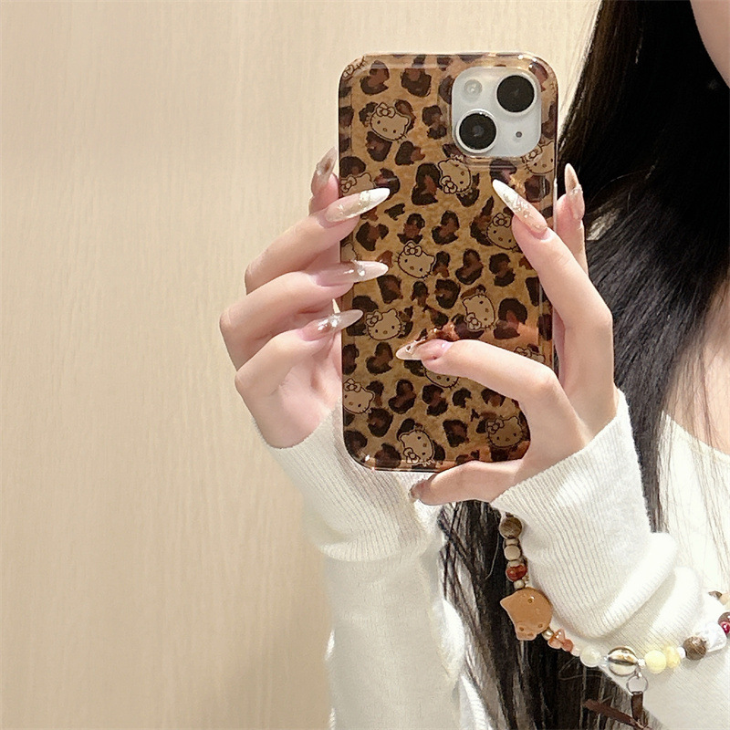Gato de pantalla completa con estampado de leopardo marrón para Apple 16promax funda para teléfono móvil celebridad de Internet iPhone 15pro pulsera 13p
