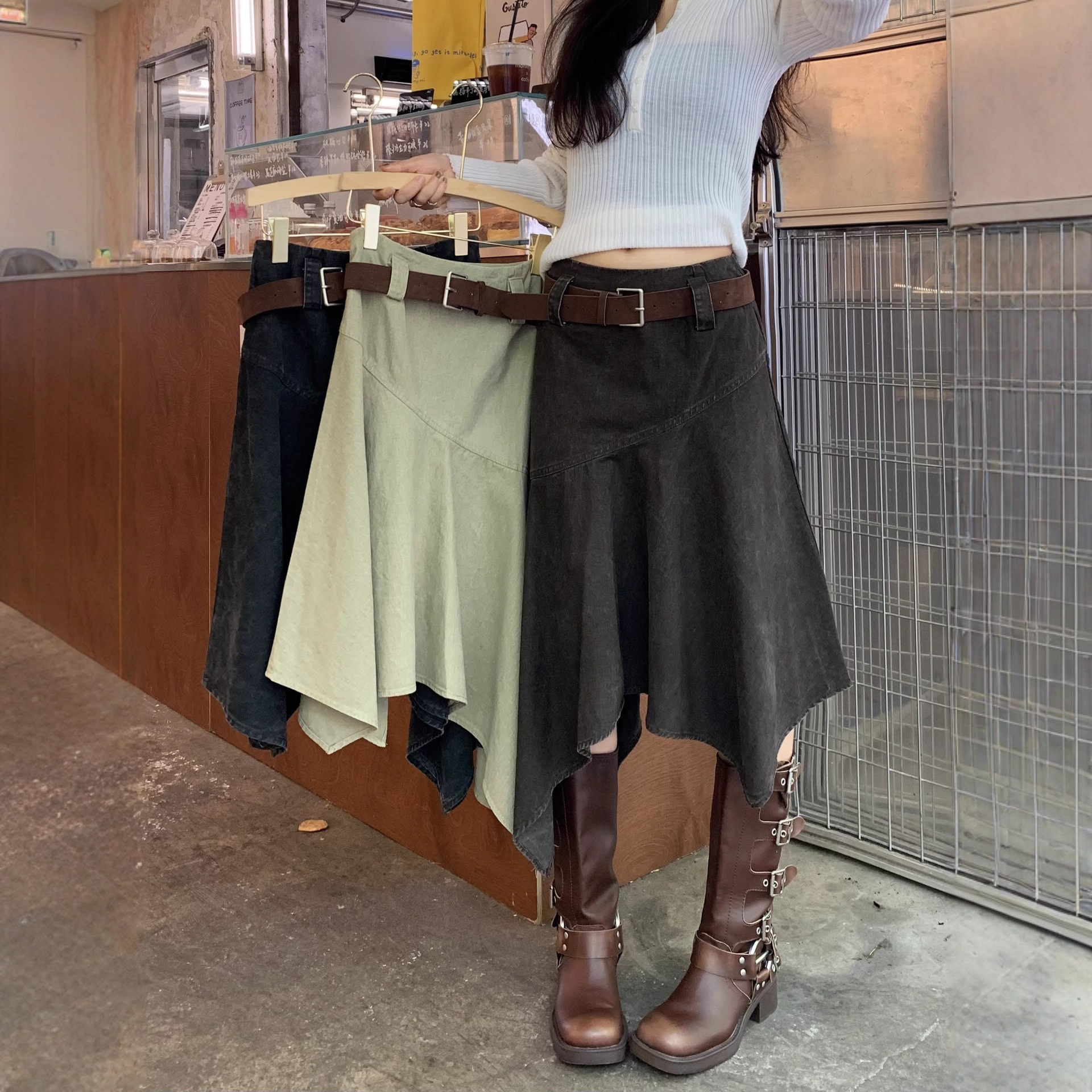 实拍~美式复古不规则半身裙设计感小众垂感酷飒A字扇裙女装新款