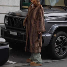 欧美跨境新款冬季女装温暖长款仿貂绒大衣街头加厚毛绒皮草外套女