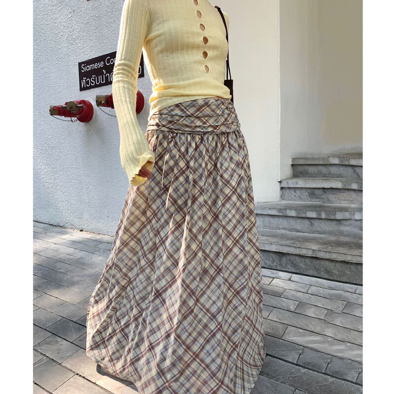 Unity Mode High-Waisted A-Line Tall Mesh Cool Plaid Skirt Elegant Knitted Midi Skirt Long Skirt for Summer