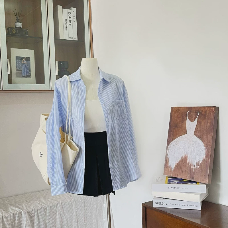 YS8 в наличии! Синяя рубашка в полоску средней длины, женская рубашка с воротником-поло и длинными рукавами, рубашка с защитой от солнца, женская рубашка