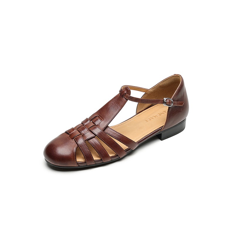 Sandal nữ mũi nhọn da bò quai chữ T gót thấp phong cách La Mã — nâu
