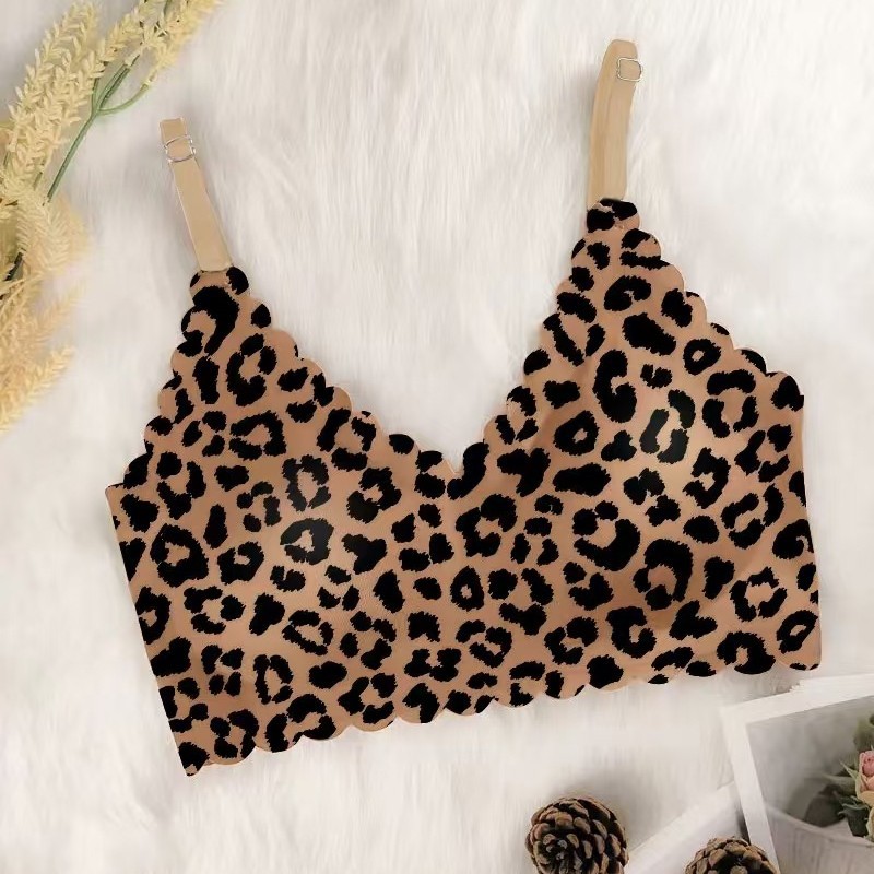 Ropa interior transpirable sin costuras con estampado de leopardo sexy para mujer, copa fija, sin anillo de acero, pecho lateral, sujetador anti-flacidez