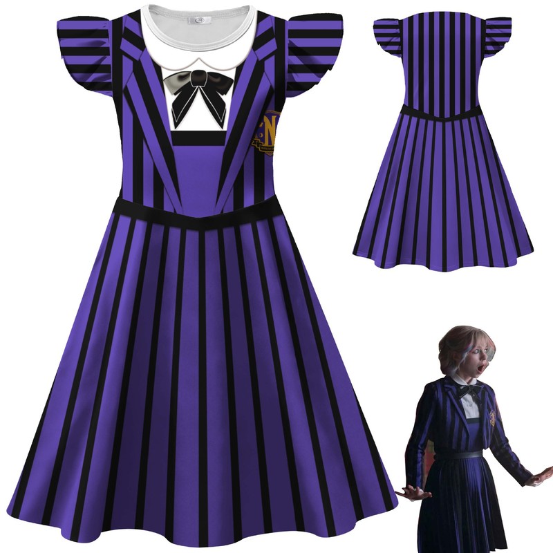新款跨境 星期三印花 服装 cosplay飞飞袖女童连衣裙+包包26205|undefined