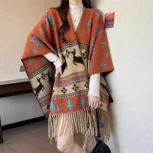 2024 French Romantic Tassel Cape Cape Travel Wear Big Cloak Internet Popular Warm Imitation Cashmere