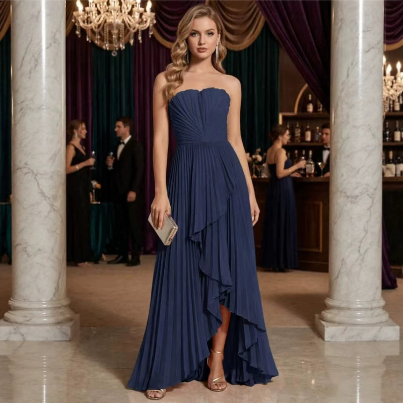 Strapless pleated dress with irregular pleated hem, elegant evening gown for banquet hosting, available on AliExpress Strapless pleated dress with irregular pleated hem, elegant evening gown for banquet hosting, available on AliExpress