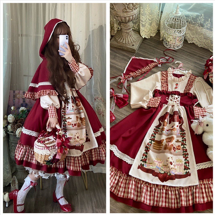 赤ずきんロリータLolitaクリスマス新年赤マント少女op長袖ワンピース甘くて可愛い純色|undefined