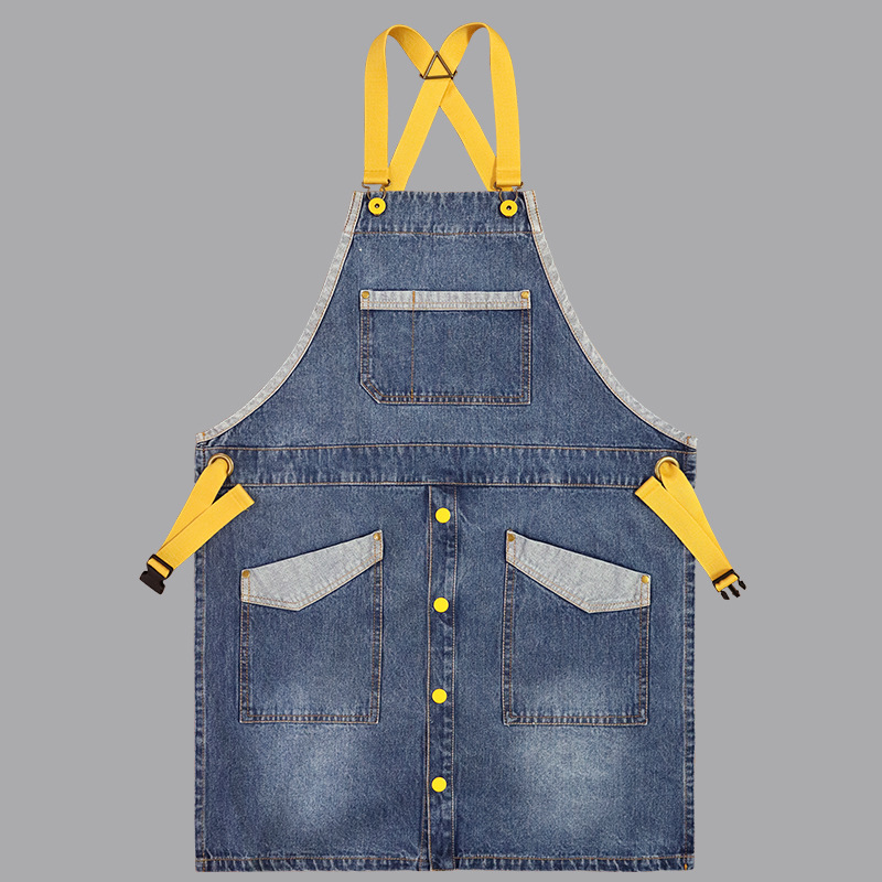 Comercio exterior agua lavada denim delantal barbero tostador café jardinería restaurante ropa de trabajo nuevo delantal de moda de color contraste