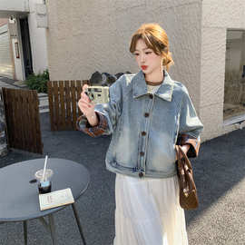 韩系格子拼接袖短款牛仔外套女2026春季新款时尚宽松小个子夹克潮