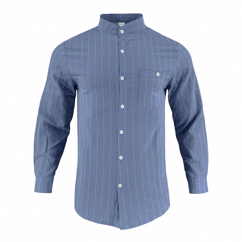 Transfronterizos primavera y verano estadounidenses con rayas de lino relajadas, cuello de manga larga, hombre de secado rápido, camisa transpirable americana grande