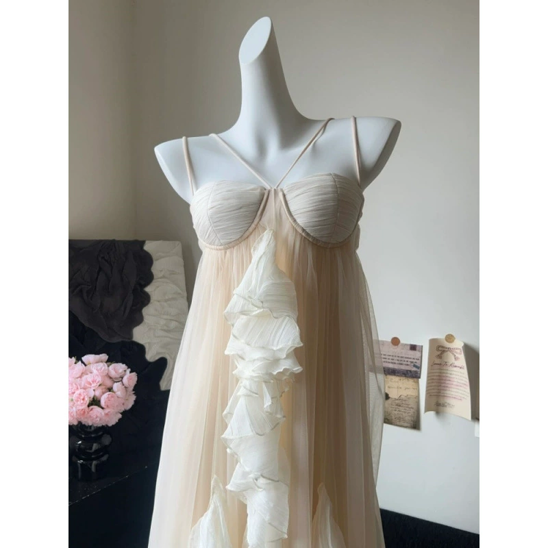 Летняя нежная и прохладная юбка на подтяжках во французском стиле, новое сетчатое платье с рюшами для отдыха на море