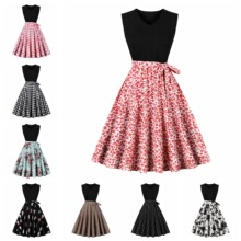 D跨境厂家直销夏季新款欧美复古女装V字领无袖黑拼印花大摆连衣裙