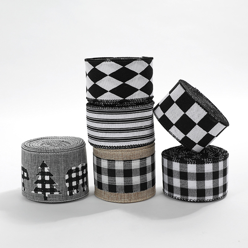 Cinta de lino sintético a cuadros blanco y negro para envolver regalos de Navidad, decoración de coronas navideñas, lazos, venta al por mayor