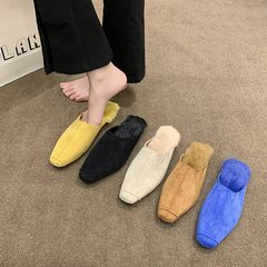 复古绒面纯色半拖鞋女外穿2025年秋冬新款平底包头毛毛鞋一件代发