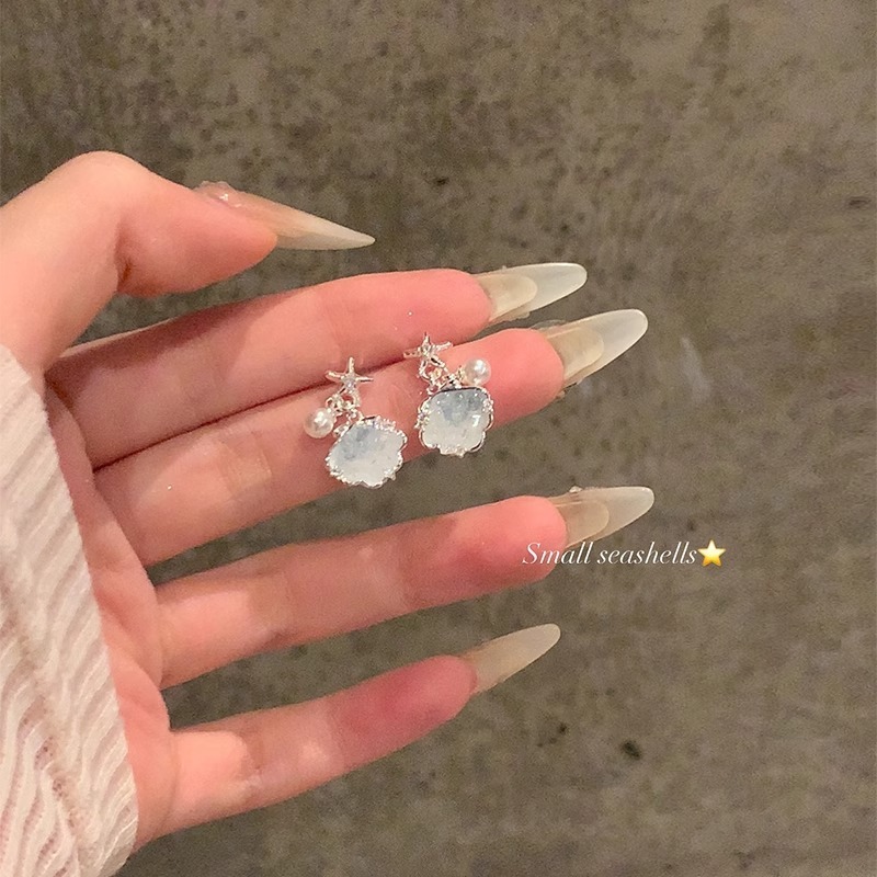 夏の砕いた氷ブルークリスタルヒトデシェルパールイヤリング女性のハイエンド気質イヤリングノンホールピアスイヤリング|undefined