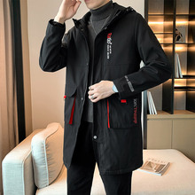 男士春秋潮流大码中长款连帽夹克胖男生加肥加大休闲风衣外套男装