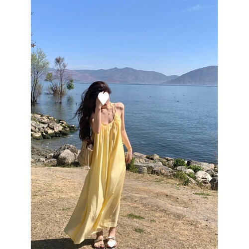 French yellow spaghetti strap dress women's summer beach vacation style clothing dress loose A-line long dress